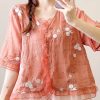 Chinese Style Orange Embroidered Ruffled Linen Blouses Half Sleeve