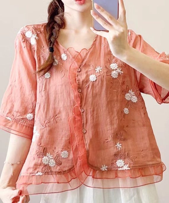 Chinese Style Orange Embroidered Ruffled Linen Blouses Half Sleeve