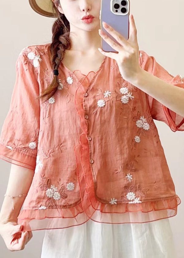 Chinese Style Orange Embroidered Ruffled Linen Blouses Half Sleeve
