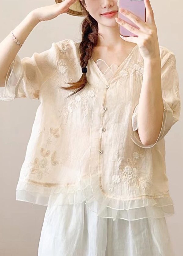 Chinese Style Orange Embroidered Ruffled Linen Blouses Half Sleeve - Image 2