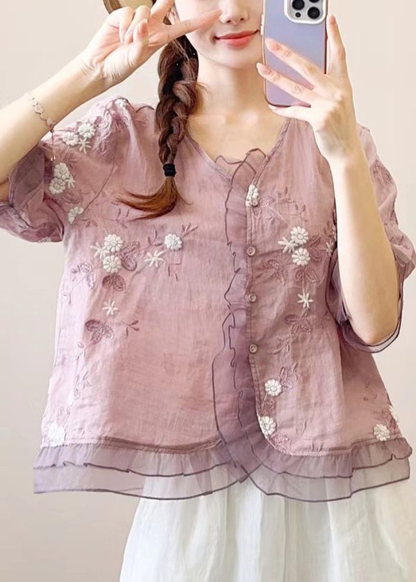 Chinese Style Orange Embroidered Ruffled Linen Blouses Half Sleeve - Image 3