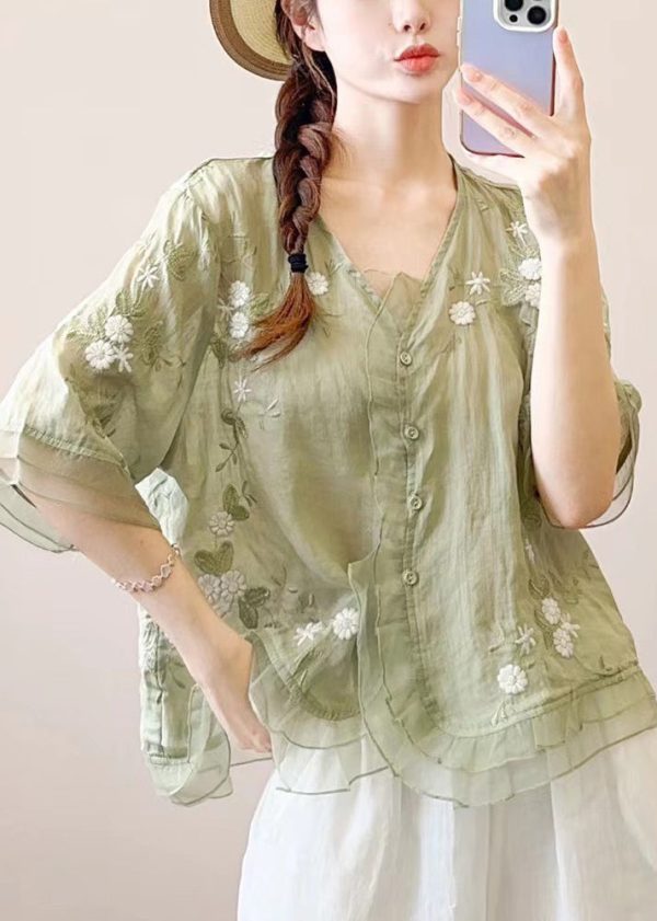 Chinese Style Orange Embroidered Ruffled Linen Blouses Half Sleeve - Image 4