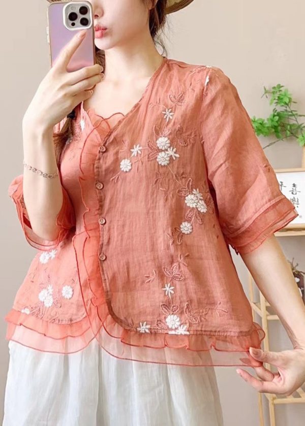 Chinese Style Orange Embroidered Ruffled Linen Blouses Half Sleeve - Image 5