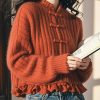 Chinese Style Orange Ruffled Oriental Button Knit Sweaters Spring