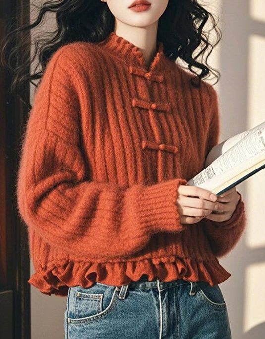 Chinese Style Orange Ruffled Oriental Button Knit Sweaters Spring