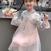 Chinese Style Pink Stand Collar Nail Bead Tulle Kids Maxi Dress Spring