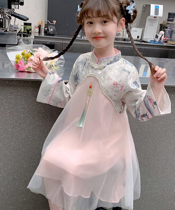 Chinese Style Pink Stand Collar Nail Bead Tulle Kids Maxi Dress Spring