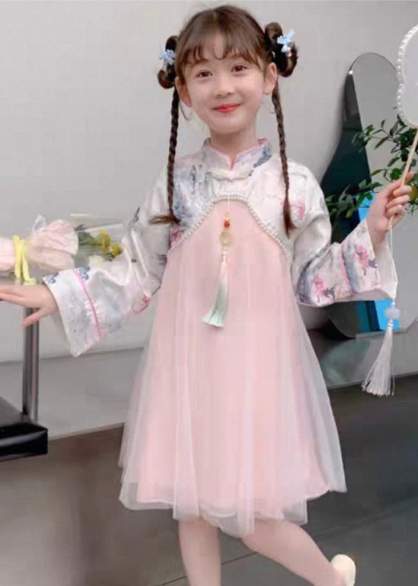 Chinese Style Pink Stand Collar Nail Bead Tulle Kids Maxi Dress Spring - Image 2