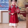 Chinese Style Red Embroideried Nail Bead Kids Maxi Dress Spring