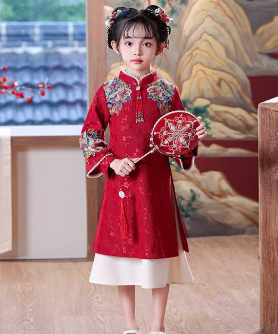 Chinese Style Red Embroideried Nail Bead Kids Maxi Dress Spring