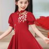 Chinese Style Red Print Patchwork Kids Long Dress Puff Sleeve