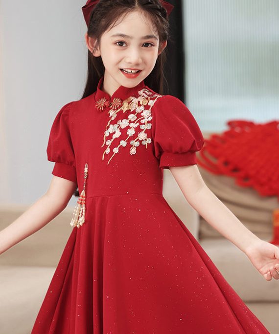 Chinese Style Red Print Patchwork Kids Long Dress Puff Sleeve