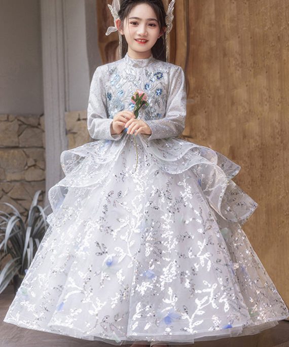 Chinese Style Turtleneck Sequins Tulle Patchwork Girls Long Dress Spring
