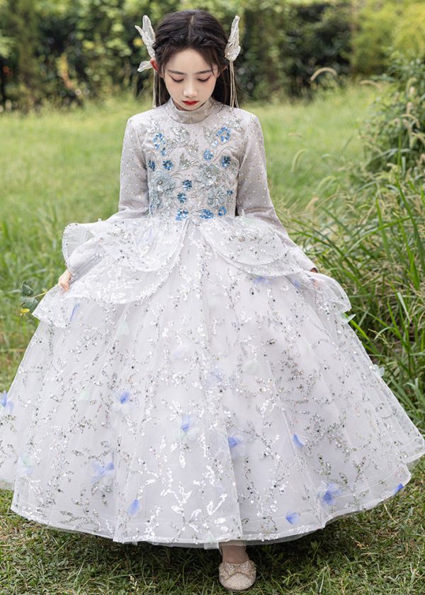 Chinese Style Turtleneck Sequins Tulle Patchwork Girls Long Dress Spring - Image 2