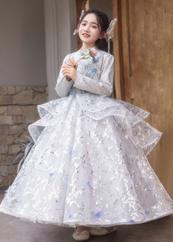 Chinese Style Turtleneck Sequins Tulle Patchwork Girls Long Dress Spring - Image 3