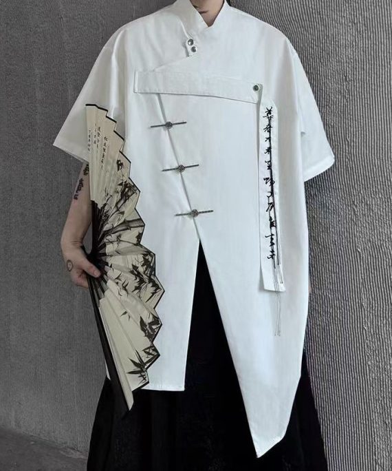 Chinese Style White Asymmetrical Button Cotton Men Shirts Summer
