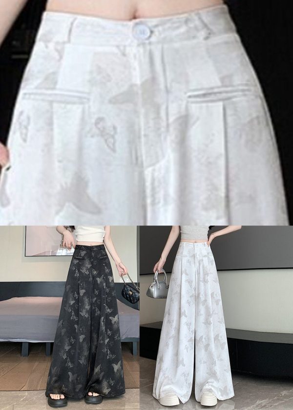 Chinese Style White Pockets Butterfly Print Draping Floral Pants - Image 5