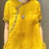 Chinese Style Yellow O-Neck Embroideried Linen Tops Short Sleeve