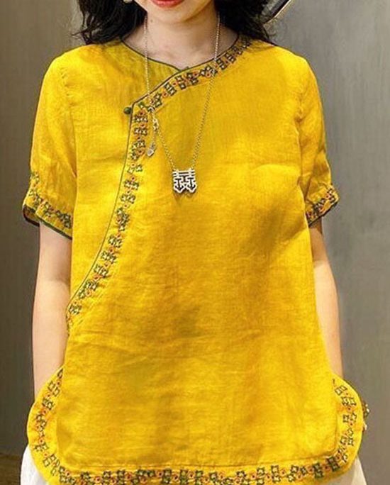 Chinese Style Yellow O-Neck Embroideried Linen Tops Short Sleeve