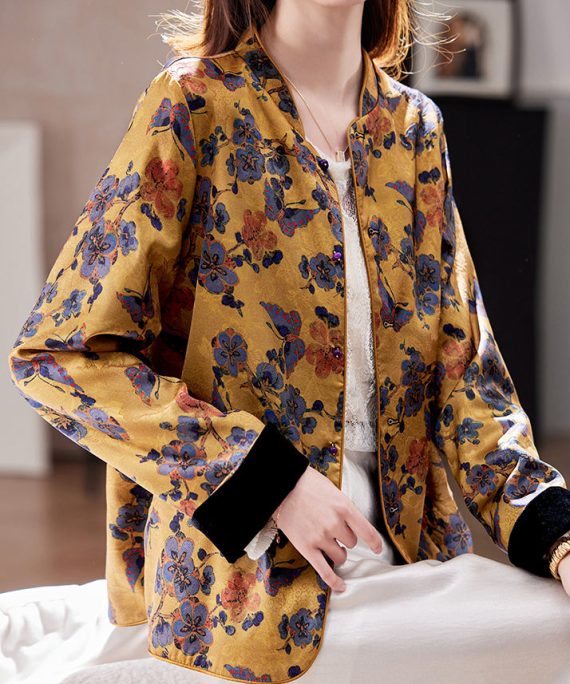 Chinese Style Yellow Stand Collar Jacquard Silk Coats Spring