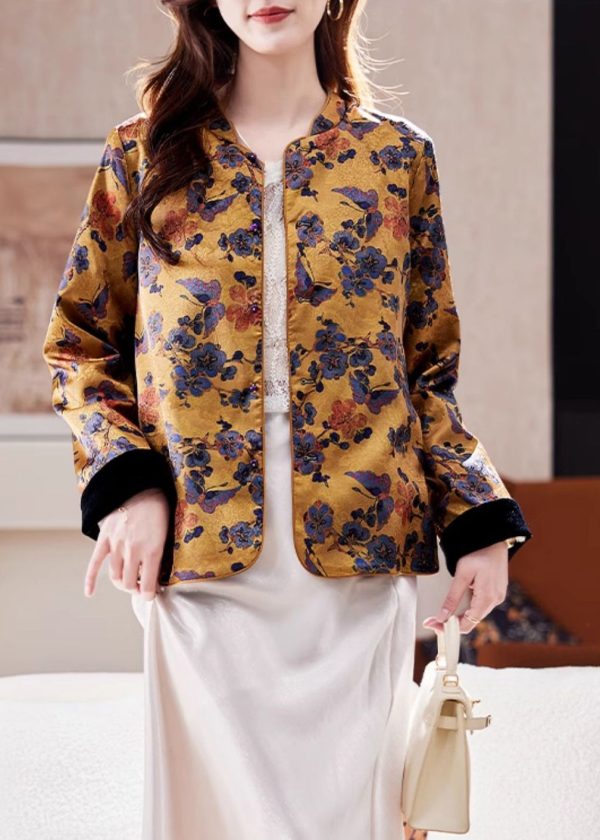 Chinese Style Yellow Stand Collar Jacquard Silk Coats Spring - Image 2