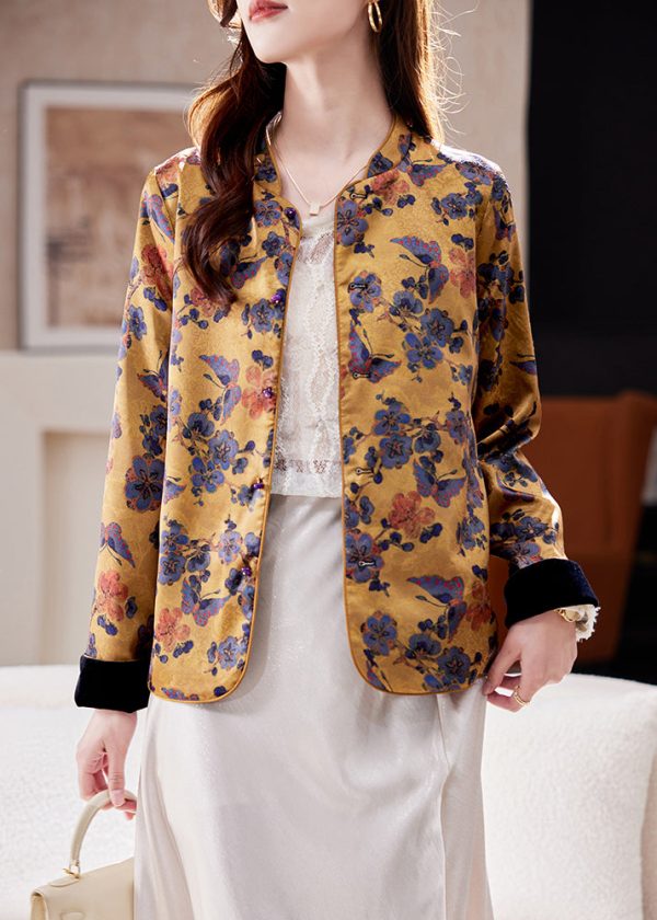 Chinese Style Yellow Stand Collar Jacquard Silk Coats Spring - Image 3