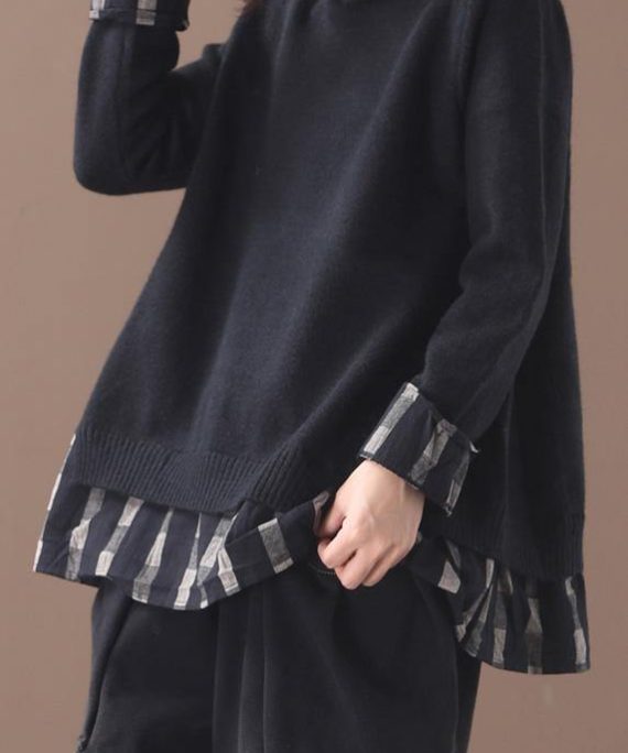 Chunky black sweater tops false two pieces oversized o neck knitted blouse