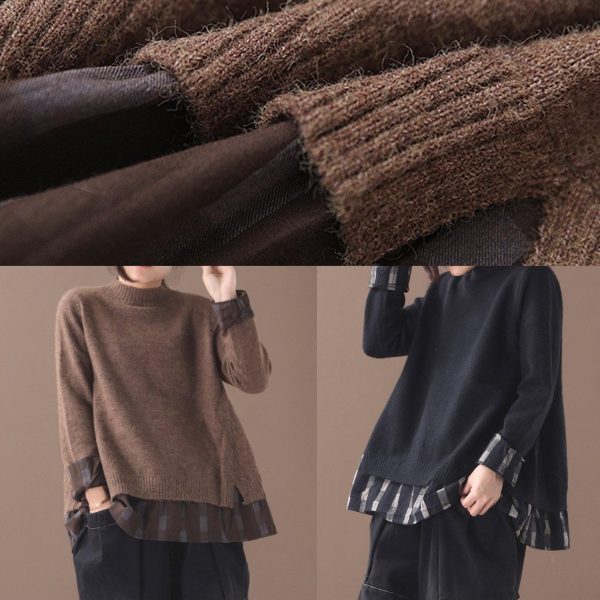 Chunky black sweater tops false two pieces oversized o neck knitted blouse - Image 5