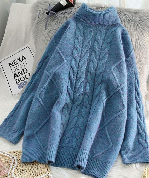 Chunky blue knit tops cable casual high neck knitwear