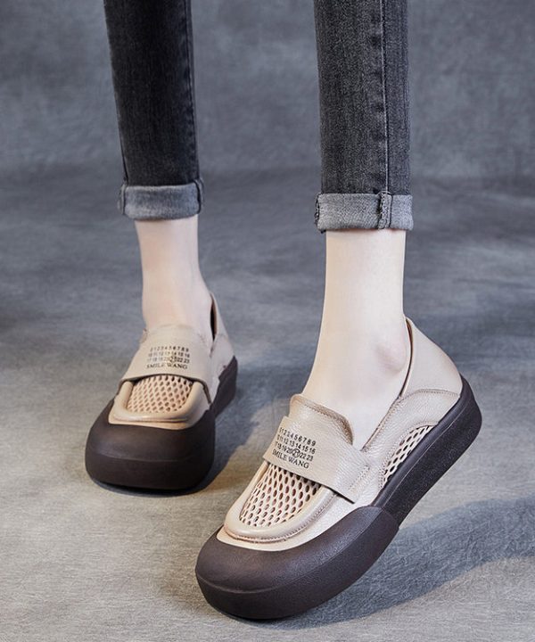Classy Beige Cowhide Leather Breathable Mesh Splicing Buckle Strap Platform Loafer Shoes - Image 2