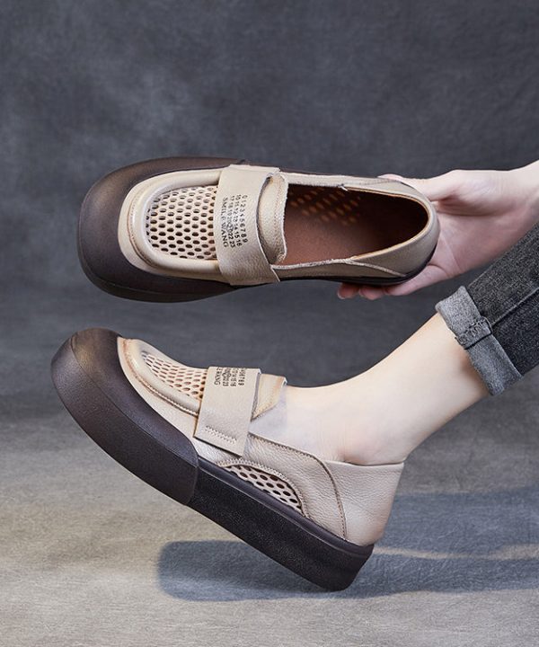 Classy Beige Cowhide Leather Breathable Mesh Splicing Buckle Strap Platform Loafer Shoes - Image 4