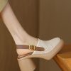 Classy Beige Faux Leather Hollow Out Chunky Sandals