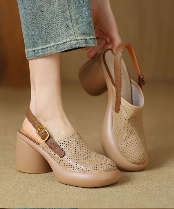 Classy Beige Faux Leather Hollow Out Chunky Sandals - Image 2