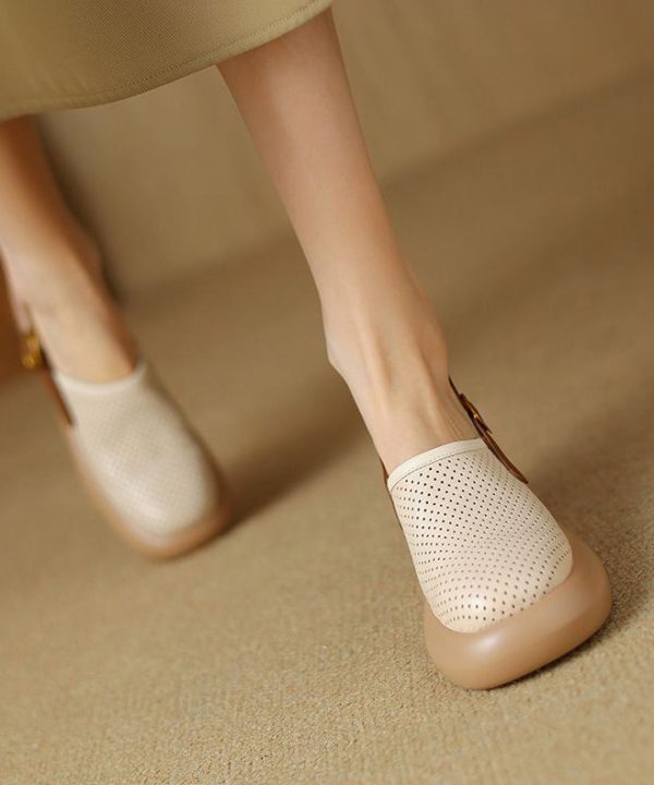 Classy Beige Faux Leather Hollow Out Chunky Sandals - Image 3