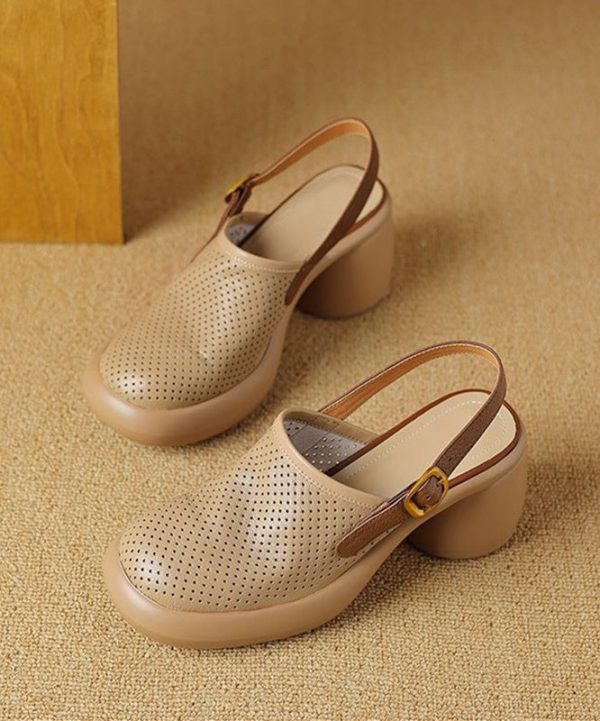 Classy Beige Faux Leather Hollow Out Chunky Sandals - Image 4
