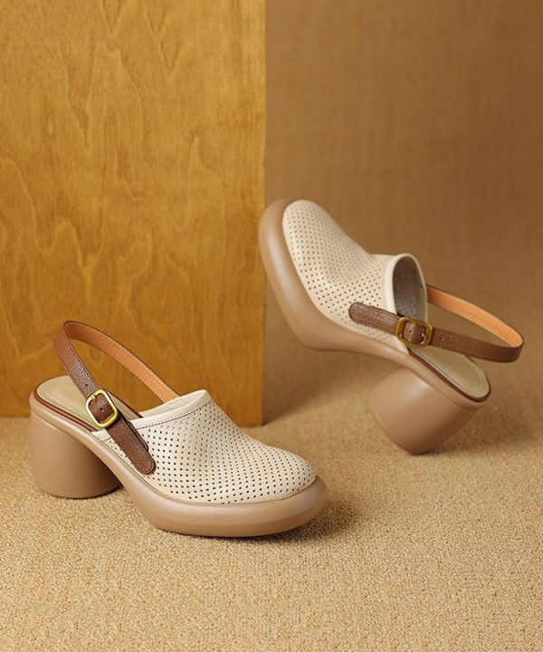 Classy Beige Faux Leather Hollow Out Chunky Sandals - Image 5