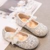 Classy Beige Pearl Bow Buckle Strap Flat Shoes For Girls