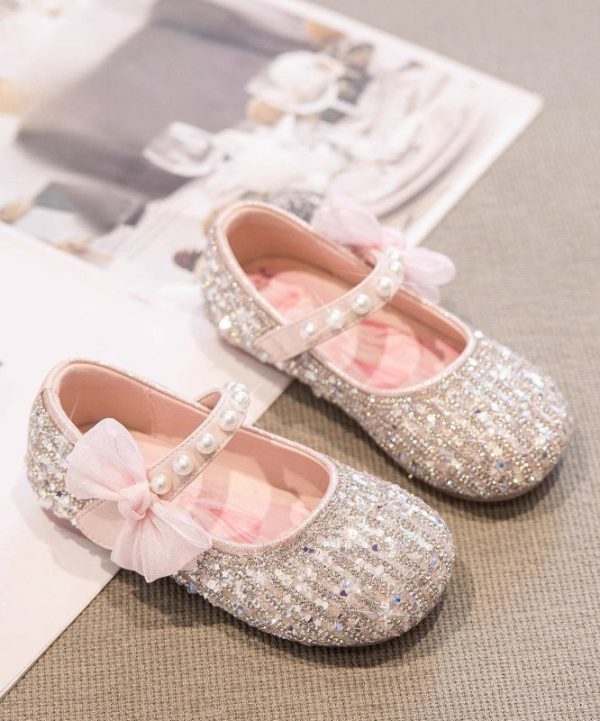 Classy Beige Pearl Bow Buckle Strap Flat Shoes For Girls - Image 2