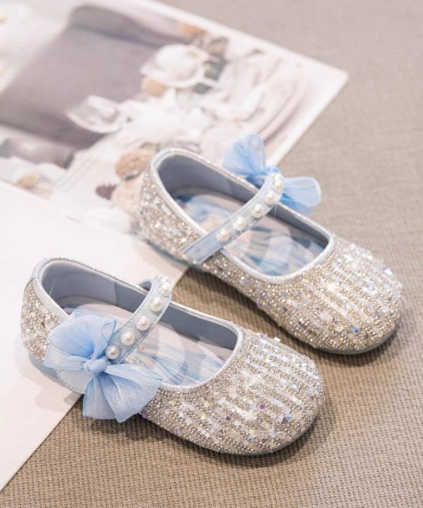 Classy Beige Pearl Bow Buckle Strap Flat Shoes For Girls - Image 3