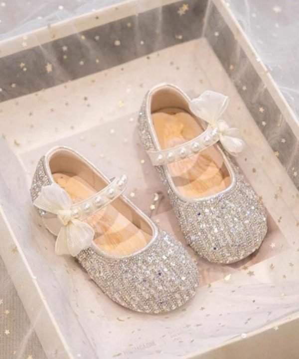 Classy Beige Pearl Bow Buckle Strap Flat Shoes For Girls - Image 4