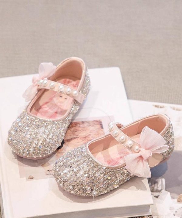 Classy Beige Pearl Bow Buckle Strap Flat Shoes For Girls - Image 5