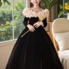Classy Black O-Neck Wrinkled Silk Velour Kids Maxi Dress Spring