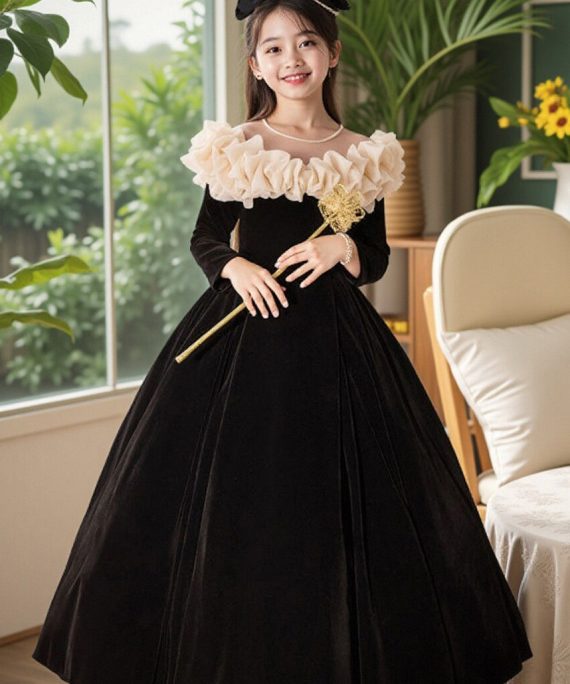 Classy Black O-Neck Wrinkled Silk Velour Kids Maxi Dress Spring