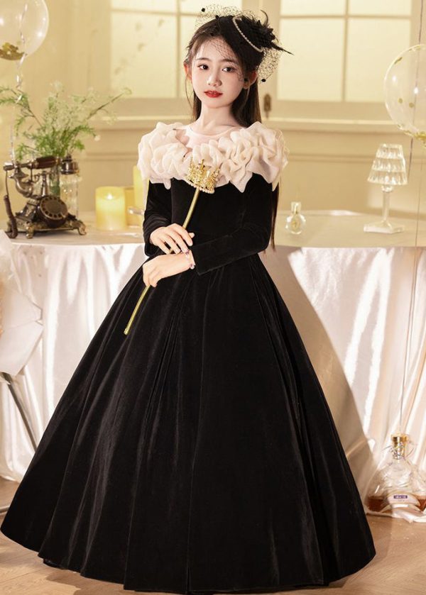 Classy Black O-Neck Wrinkled Silk Velour Kids Maxi Dress Spring - Image 4