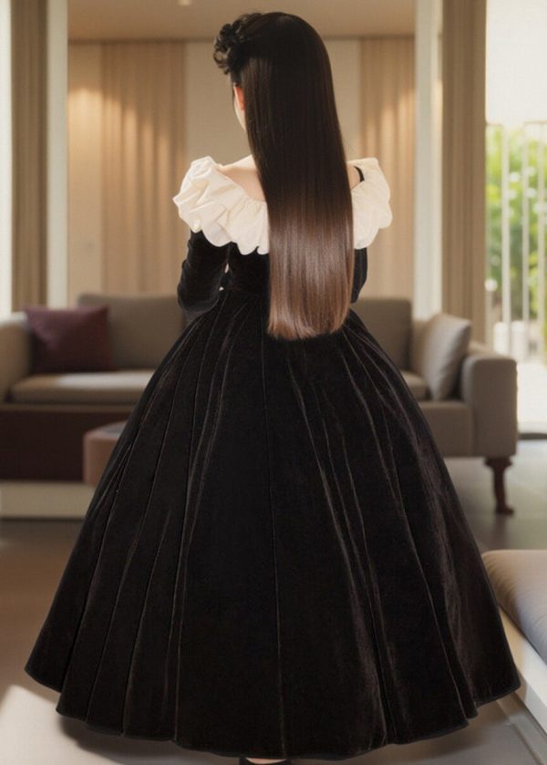 Classy Black O-Neck Wrinkled Silk Velour Kids Maxi Dress Spring - Image 5