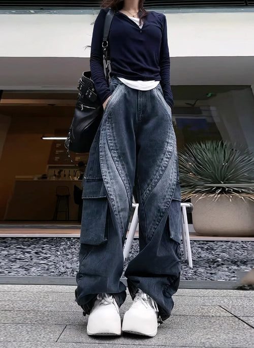 Classy Black Oversized With Pockets Denim Pants Spring