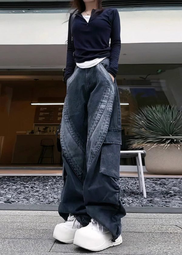 Classy Black Oversized With Pockets Denim Pants Spring - Image 2