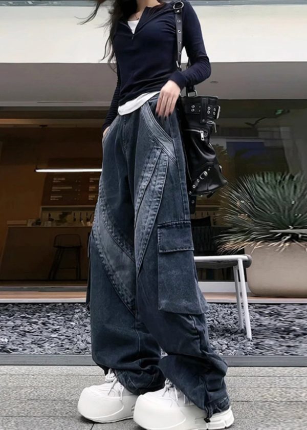 Classy Black Oversized With Pockets Denim Pants Spring - Image 3