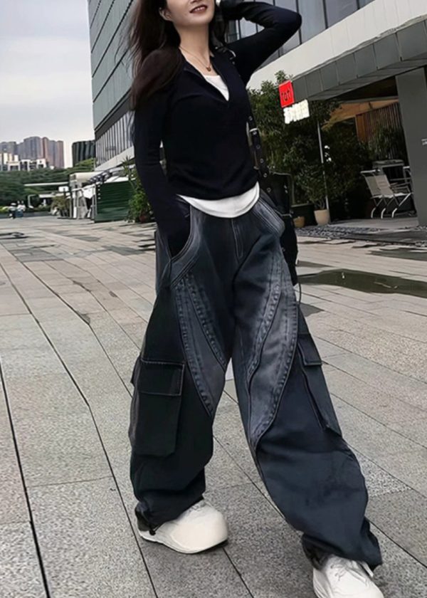 Classy Black Oversized With Pockets Denim Pants Spring - Image 4