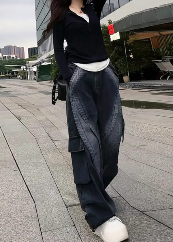 Classy Black Oversized With Pockets Denim Pants Spring - Image 5